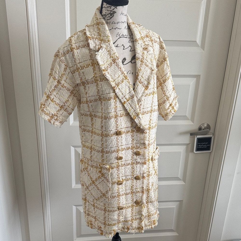 Zara Cream and Gold Tweed Blazer Dress